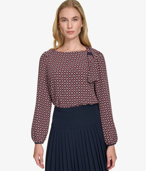 Tommy Hilfiger Women's Printed Boat-Neck Tie Top polyester Red Black Size M $79