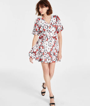 KARL LAGERFELD PARIS Crinkle-Chiffon Printed Dress Red White Size 10 MSRP $148