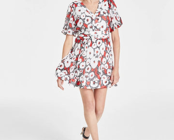 KARL LAGERFELD PARIS Crinkle-Chiffon Printed Dress Red White Size 10 MSRP $148