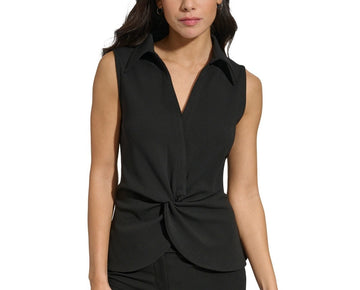 Calvin Klein Women's Collared Twist-Front Sleeveless Top BLACK Size XS MSRP $49