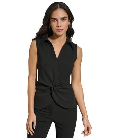 Calvin Klein Women's Collared Twist-Front Sleeveless Top BLACK Size XS MSRP $49