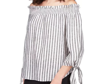 Michael Kors Striped Off-the-Shoulder Top Ivory Gray Size M MSRP $98