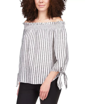 Michael Kors Striped Off-the-Shoulder Top Ivory Gray Size M MSRP $98