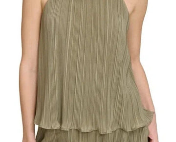 DKNY Womens Faux Leather Pleated Blouse Size L MSRP $69 OLIVE GREEN