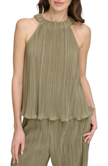 DKNY Womens Faux Leather Pleated Blouse Size L MSRP $69 OLIVE GREEN