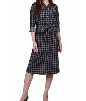 NY Collection Womens Petites Woven Animal Print Shirtdress Black Size PL