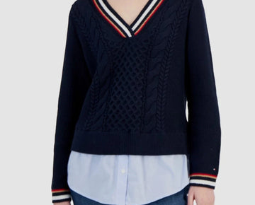 Tommy Hilfiger Women's Cable-Knit Layered-Look Sweater Navy Blue Size XS $90