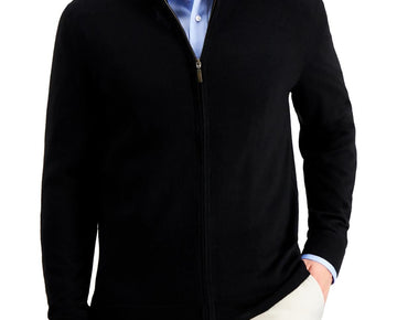 Club Room Mens Merino Wool Ribbed Trim Full Zip Sweater Black Size L