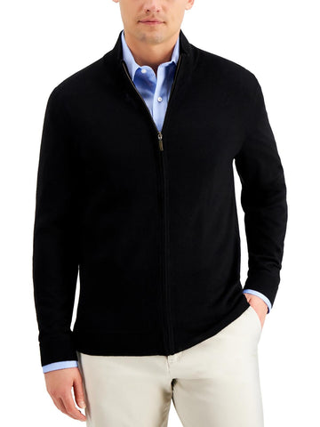 Club Room Mens Merino Wool Ribbed Trim Full Zip Sweater Black Size L
