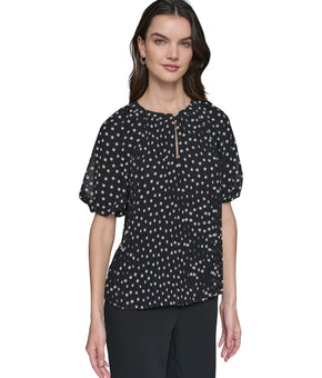 KARL LAGERFELD PARIS Women Printed Chiffon Pleated Top Black Size XS MSRP $99