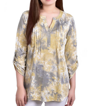 NY Collection Womens Petites Printed Pintuck Henley Size PL Yellow
