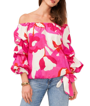 Vince Camuto Women's Pink Linen-Blend Off The Shoulder Bubble Sleeve Size L