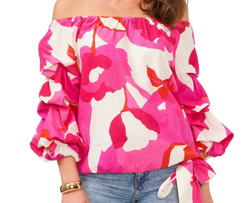 Vince Camuto Women's Pink Linen-Blend Off The Shoulder Bubble Sleeve Size L