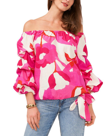 Vince Camuto Women's Pink Linen-Blend Off The Shoulder Bubble Sleeve Size L