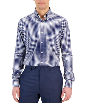 Club Room Men's Regular Fit Traveler Dress Shirt Blue Checks Size 17 x 32/33