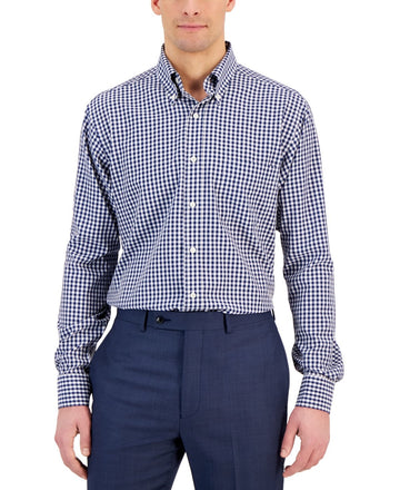 Club Room Men's Regular Fit Traveler Dress Shirt Blue Checks Size 17 x 32/33