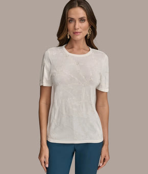Donna Karan New York Womens Short-Sleeve Sequin Detail Sweater Cream Size XS $99