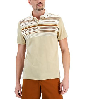 Alfani Mens Striped Collar Polo Tan Beige Size M