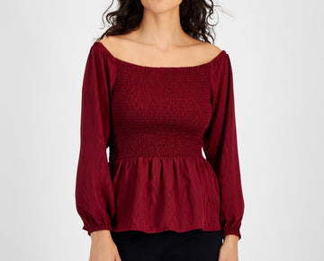 Michael Kors Women's Off-The-Shoulder Smocked Top Red Size XL MSRP $110