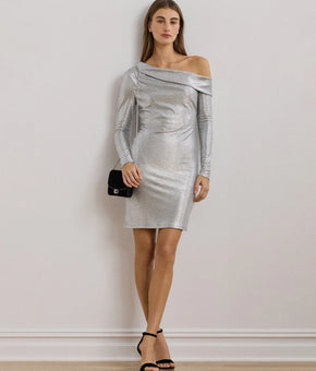 Lauren Ralph Lauren Metallic Off-the-Shoulder Cocktail Dress Silver Size 18 $225