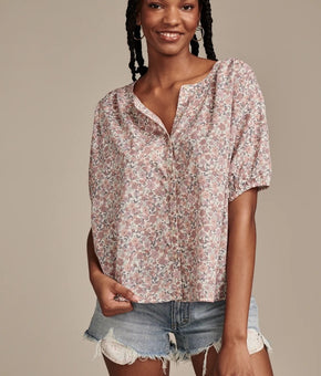 Lucky Brand Womens Printed Cotton Top Smocked blouse Pink Size XXL MSRP $80