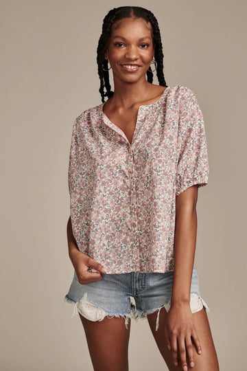 Lucky Brand Womens Printed Cotton Top Smocked blouse Pink Size XXL MSRP $80