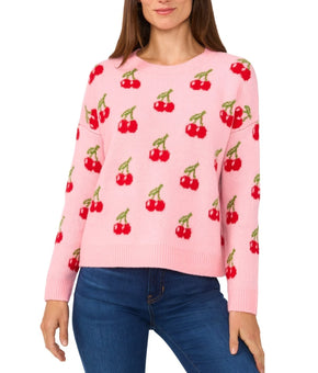 CeCe Women's Cherry Jacquard Crewneck Sweater Pink Size M MSRP $79