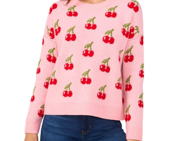 CeCe Women's Cherry Jacquard Crewneck Sweater Pink Size M MSRP $79