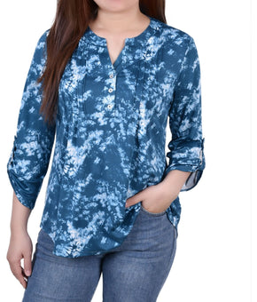 NY Collection Womens Printed Pintuck Henley Shirt, Blue, Petite, Size PM