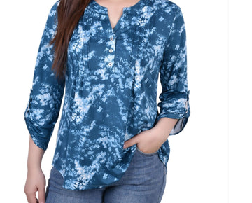 NY Collection Womens Printed Pintuck Henley Shirt, Blue, Petite, Size PM
