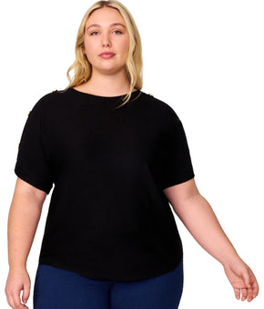 Melissa Paige Plus Size 2X Zigzag-Trim Button-Shoulder Sweater Black $52 SALE