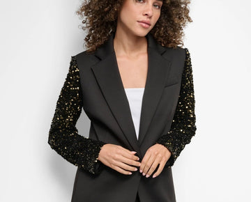 DKNY Women's Sequinned-Sleeve Single-Button Blazer Black Gold Size 8 MSRP $169