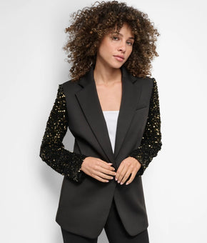 DKNY Women's Sequinned-Sleeve Single-Button Blazer Black Gold Size 6 MSRP $169