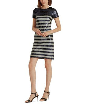 Lauren Ralph Lauren Women's Striped Sequined Cocktail Dress Size 12, Navy Cream