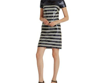 Lauren Ralph Lauren Women's Striped Sequined Cocktail Dress Size 12, Navy Cream