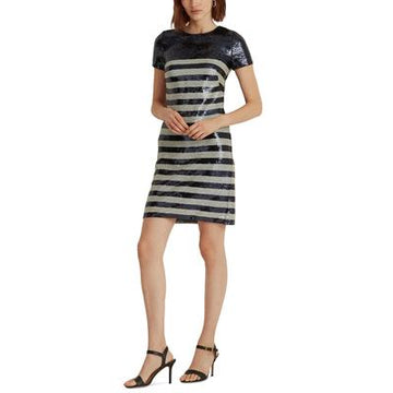 Lauren Ralph Lauren Women's Striped Sequined Cocktail Dress Size 12, Navy Cream