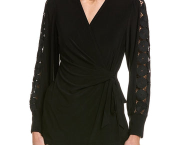 Anne Klein womens Lace Sleeve Wrap Top, Size XS, Black MSRP $79