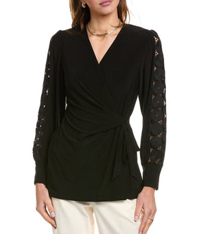 Anne Klein womens Lace Sleeve Wrap Top, Size L, Black MSRP $79