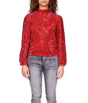 Sanctuary All Nighter Mock Neck Sequin & Velvet Blouse Rouge Size M (US 8)