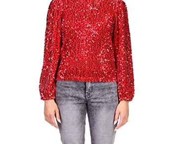 Sanctuary All Nighter Mock Neck Sequin & Velvet Red Blouse Rouge Size XS (US 2)