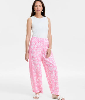 JM Collection Women's Linen Blend Printed Pull-On Pants Pink Size XL MSRP $60