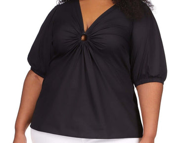Michael Michael Kors Plus Size 2X Cotton Poplin 3/4-Sleeve Top Black MSRP $115