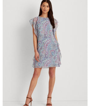 Lauren Ralph Lauren Womens Ruffled Georgette Shift Dress blue Size 16 MSRP $125