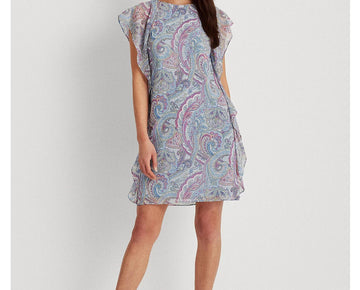 Lauren Ralph Lauren Womens Ruffled Georgette Shift Dress blue Size 16 MSRP $125