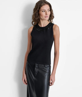 DKNY Tank Top Womens Size XL Black Beaded Sequin Neck Knit Sleeveless NWT $79