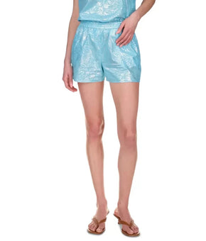 MICHAEL KORS Light Cotton Shine Metallic Print Shorts Turquoise Blue Size M $84