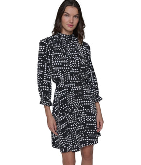 KARL LAGERFELD PARIS Dot-Print Mock-Neck 3/4-Sleeve Dress Black Size 2 MSRP $148