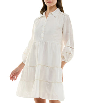 Taylor Women linen Ladder-Trim Collared A-Line Pulls on Dress Ivory Size 6 $128