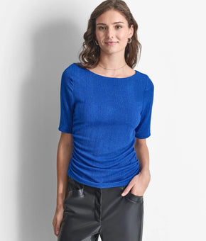 DKNY Women's Round-Neck Short-Sleeve Variegated-Rib Top Blue Size M MSRP $69