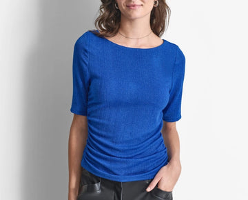 DKNY Women's Round-Neck Short-Sleeve Variegated-Rib Top Blue Size M MSRP $69